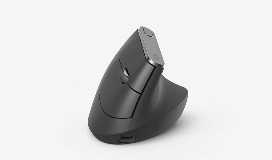 The Logitech MX Vertical ergonomic mouse, angled upright, on a white background